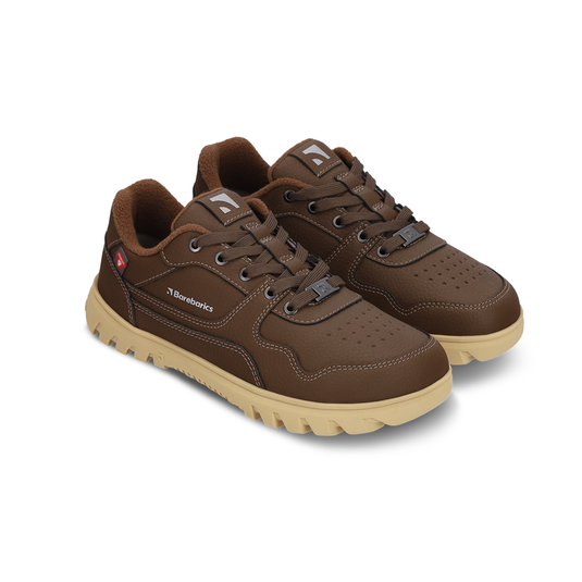 Barebarics Zing Frost dark brown barefoot sneakers with sustainable leather and Primaloft technology.
