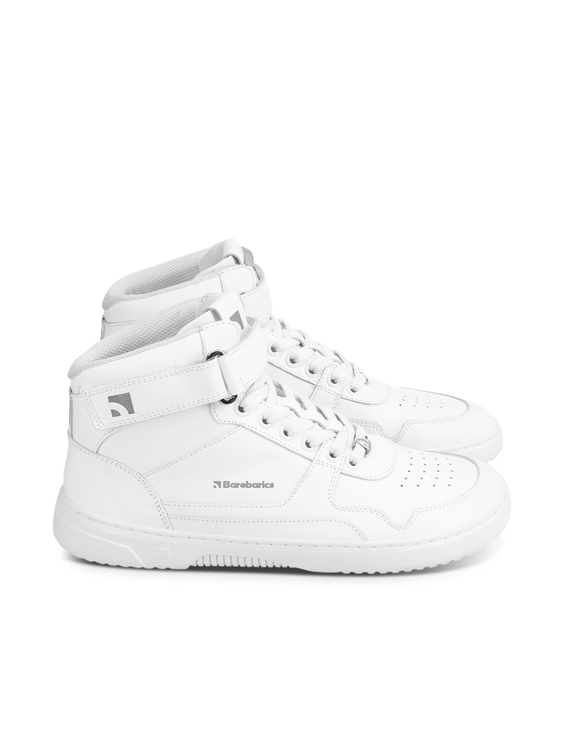 Load image into Gallery viewer, Barefoot Sneakers Barebarics Zing High Top in all white, stylish and comfortable for year-round wear.
