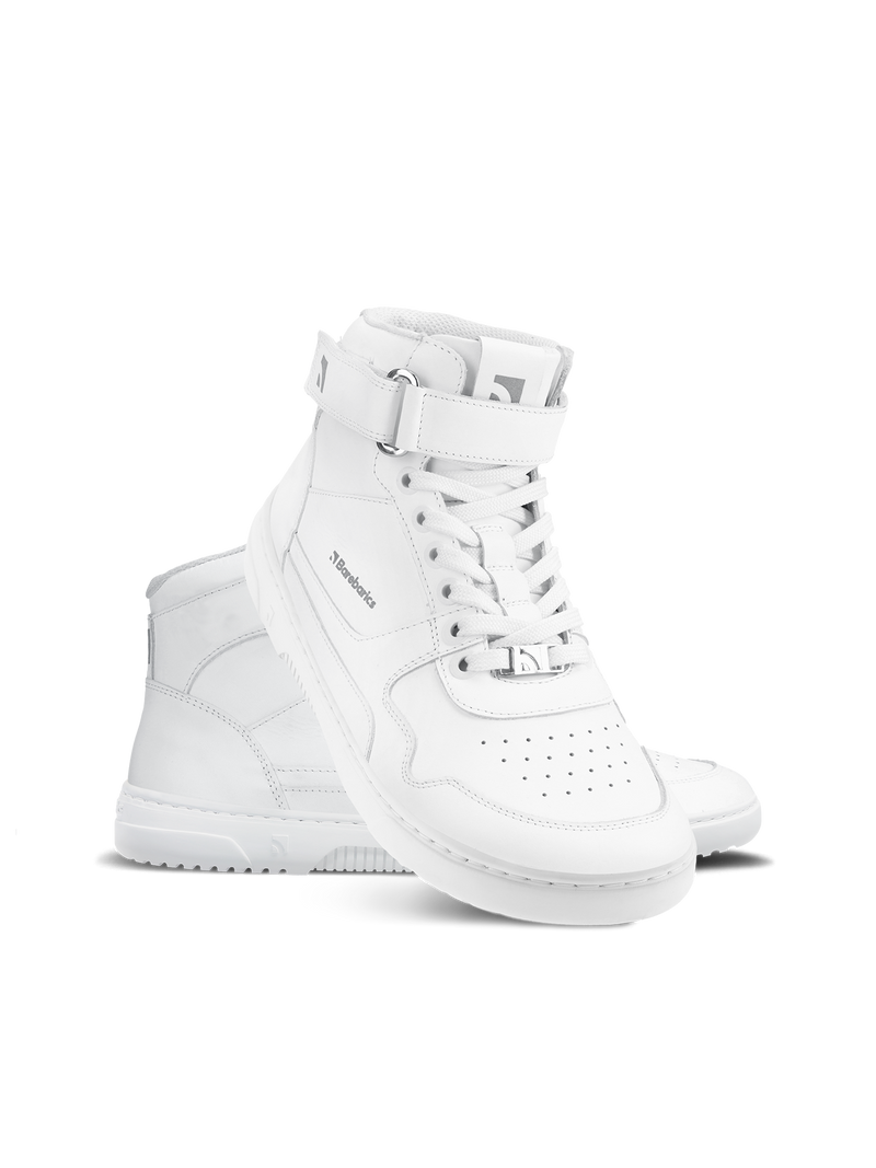 Load image into Gallery viewer, Barefoot Sneakers Barebarics Zing High Top in all white, stylish and comfortable for year-round wear.
