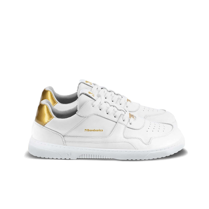 Load image into Gallery viewer, Eco-friendly Barefoot Sneakers Barebarics Zing - White &amp; Gold - Leather
