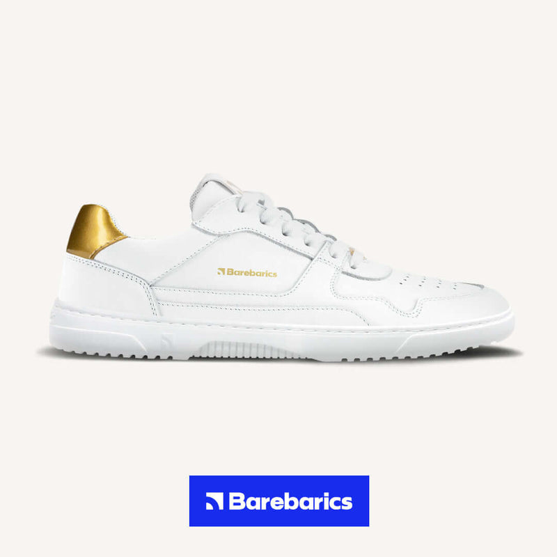 Load image into Gallery viewer, Eco-friendly Barefoot Sneakers Barebarics Zing - White &amp; Gold - Leather
