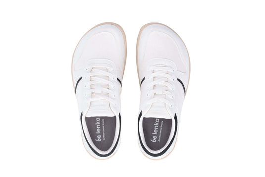 Be Lenka Echo white and black vegan barefoot sneakers from above, featuring a comfortable and flexible design.