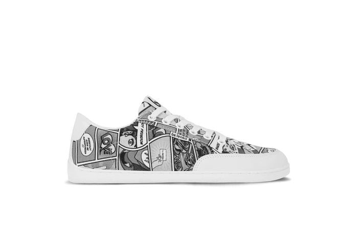 Be Lenka Rebound barefoot sneakers with black and white comic pattern, perfect for stylish everyday wear.