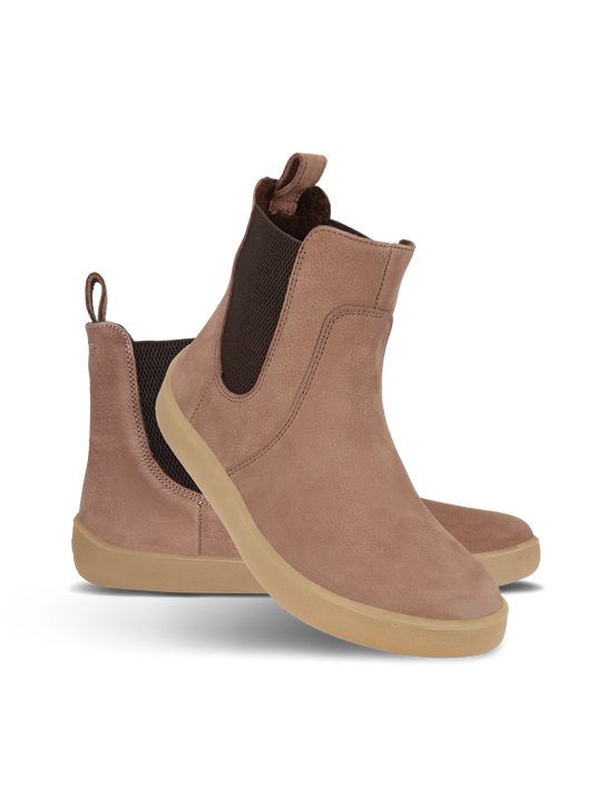 Be Lenka Entice Neo Barefoot Boots in Matte Brown with elastic side panels for easy wear.