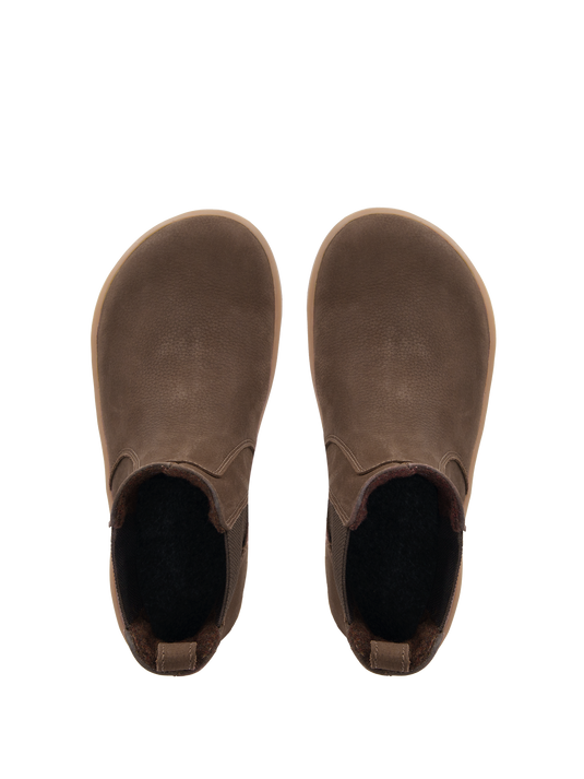 Be Lenka Entice Neo Barefoot Boots in Matte Dark Brown, top view, featuring wide toe box and soft interior.