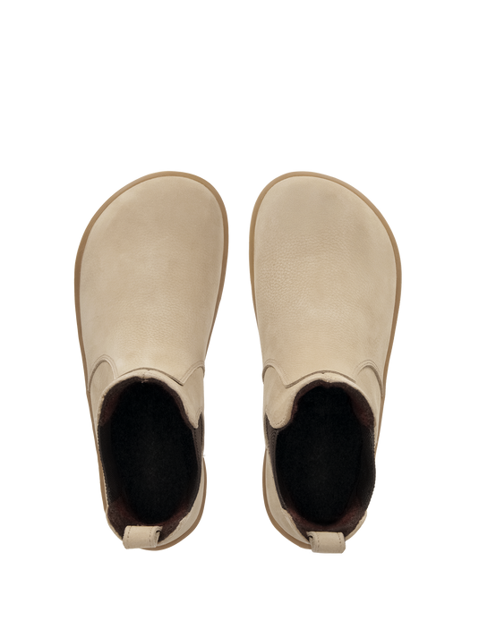 Be Lenka Entice Neo Barefoot Boots in Matt Sand, stylish and flexible with a wide toe box for natural foot movement.