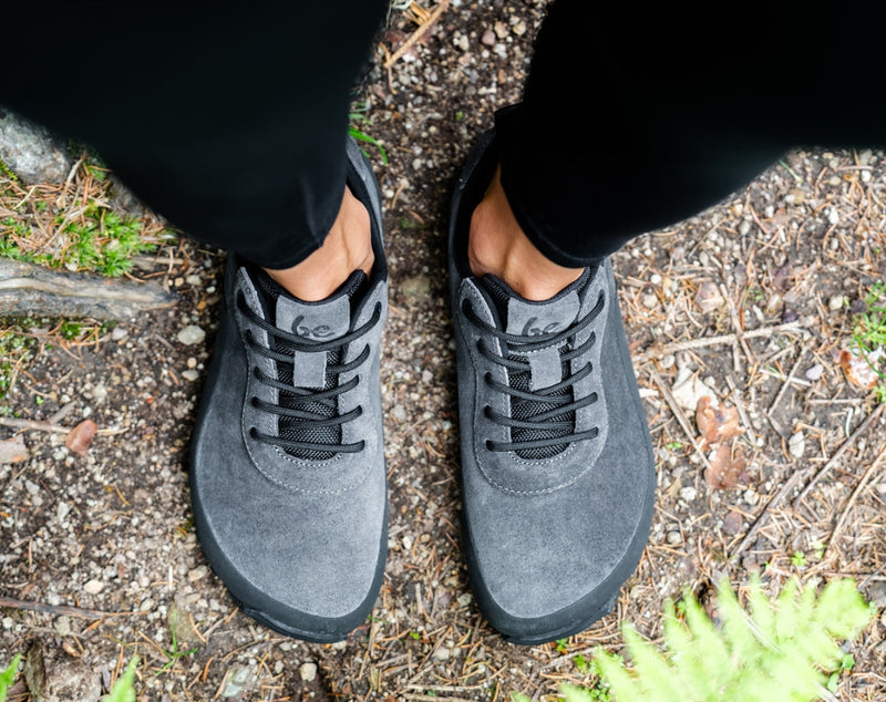 Load image into Gallery viewer, Top view of Be Lenka Trailwalker 3.0 dark grey barefoot shoes on a forest trail.

