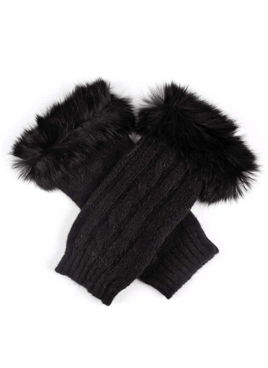 Dents Womens Lambswool Angora Cable Knit Wrist Arm Warmers With Fur Cuff
