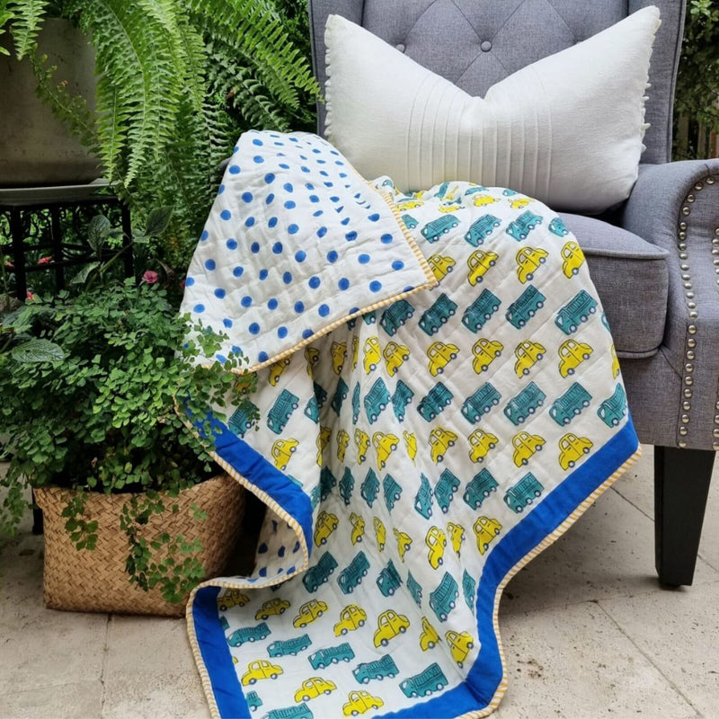 Load image into Gallery viewer, GOTS Certified Organic Cotton Reversible Baby Quilt (100x120cm) - Yellow Cars

