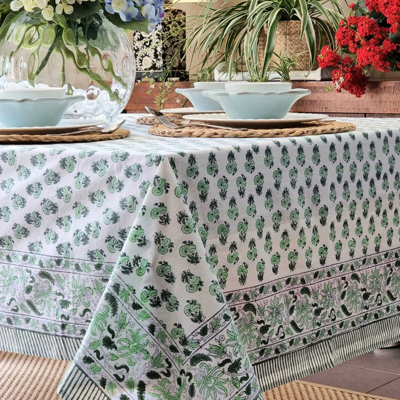 Load image into Gallery viewer, Kolka Rosemary Hand Block-Printed Cotton Tablecloth - Green
