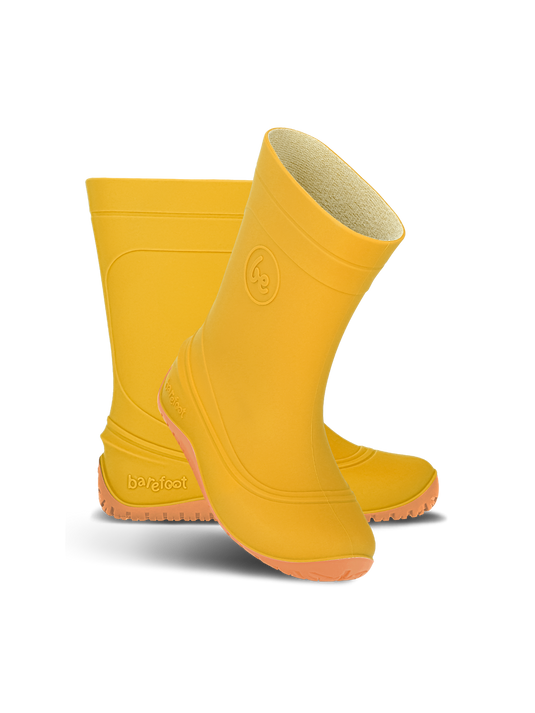Be Lenka Kids Barefoot Rain Boots in yellow, designed for natural movement and keeping feet dry.