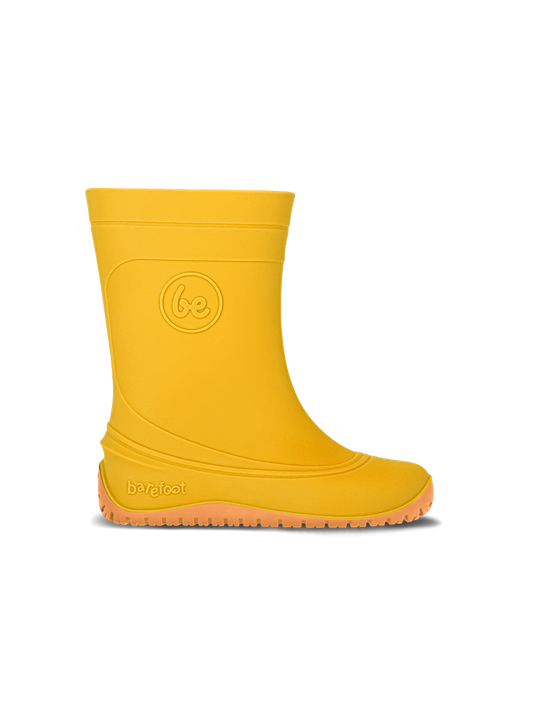 Be Lenka Kids Barefoot Rain Boots in yellow, designed for natural movement and foot development.