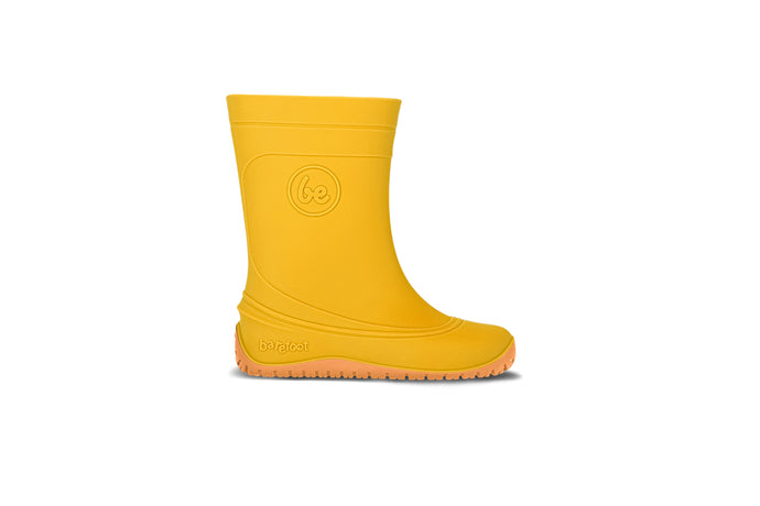 Be Lenka Kids Barefoot Rain Boots in bright yellow, designed for natural movement and foot development.
