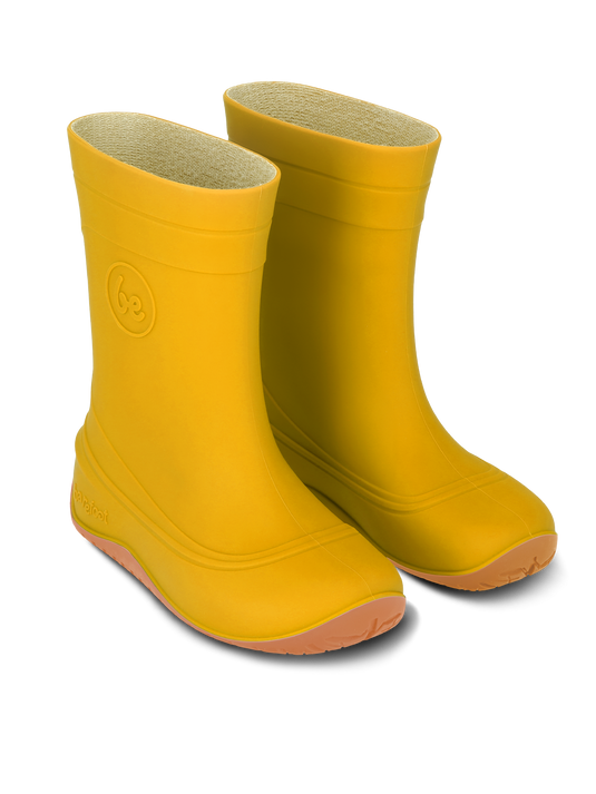 Be Lenka Kids Barefoot Rain Boots in yellow, designed for natural movement and comfort, perfect for kids' splash time.