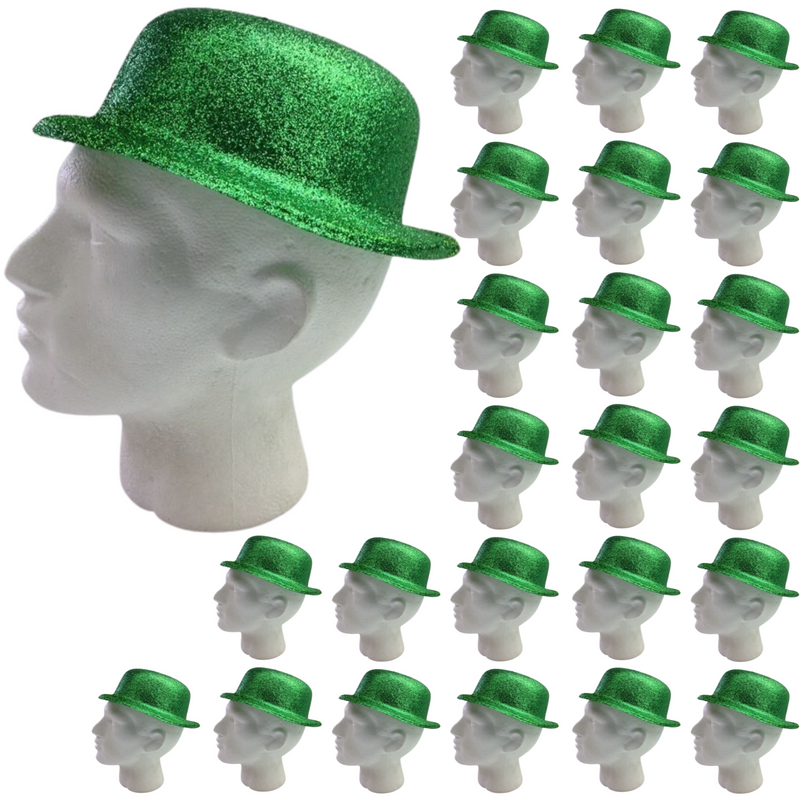 Load image into Gallery viewer, 24x GLITTER BOWLER HAT Fancy Party Plastic Costume Cap Fun Dress Up Sparkle BULK - Lime Green
