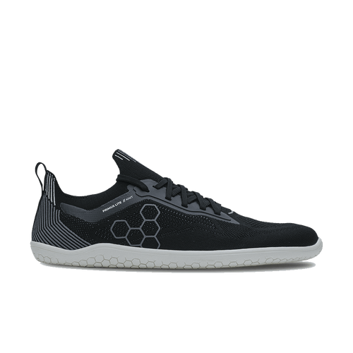 Vivobarefoot Primus Lite Knit Mens Obsidian barefoot training shoe with ultra-thin sole and flexible knit upper for foot strength and mobility.