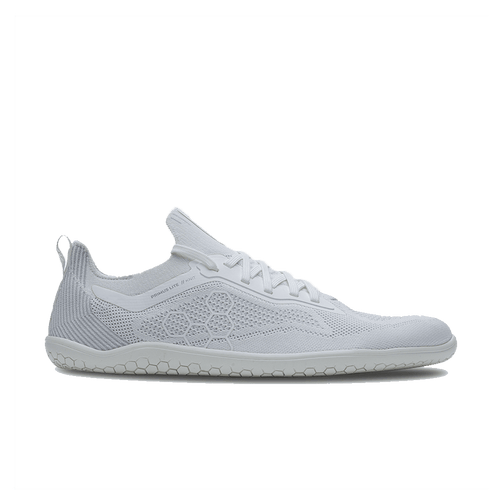 Vivobarefoot Primus Lite Knit Mens Bright White shoe with ultra-thin sole and flexible knit upper for running, gym workouts, and cross-training