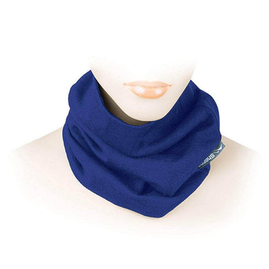 Sherpa Merino Neck Warmer in navy blue on mannequin, providing fleecy, lightweight, and compact warmth for outdoor comfort and wind protection.
